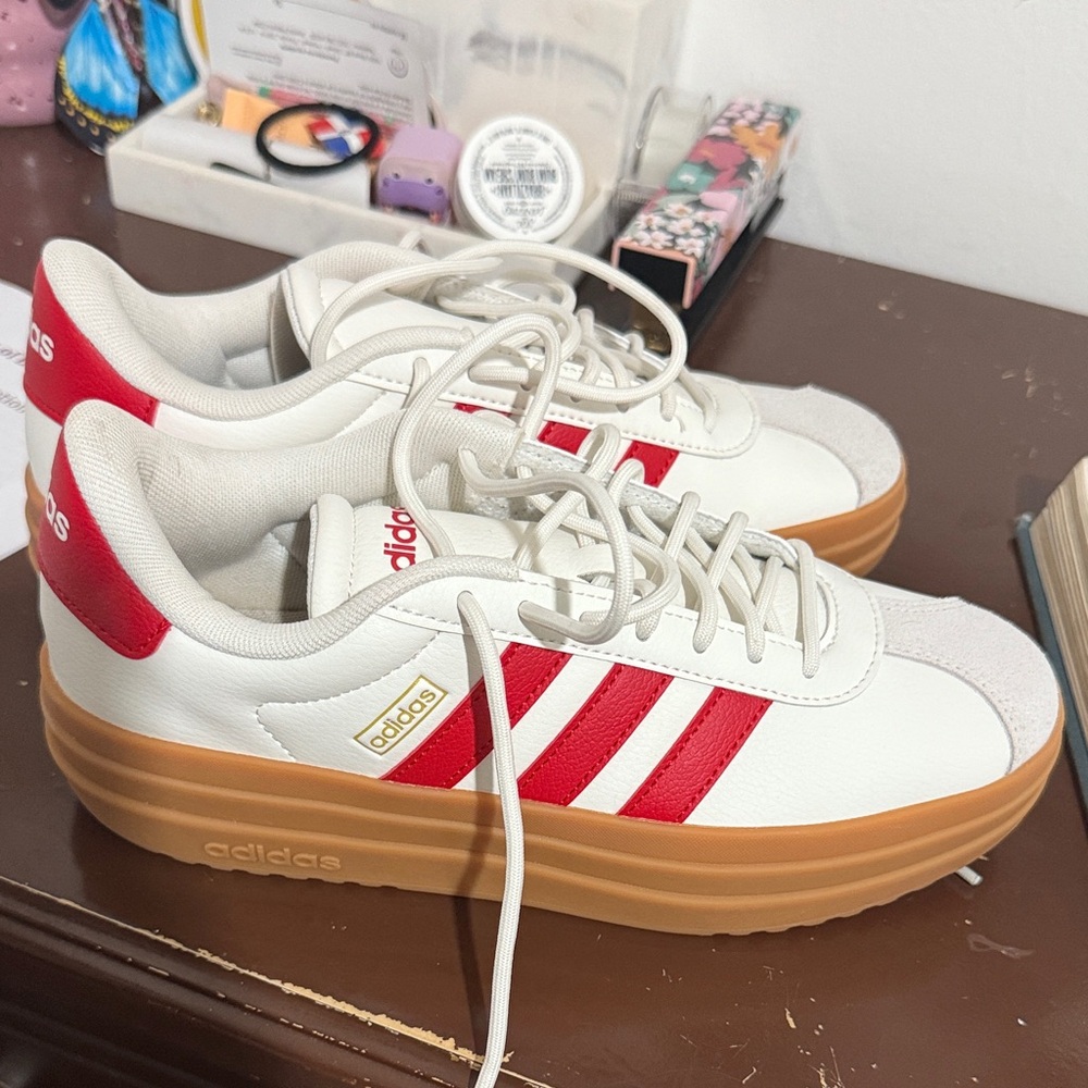 Adidas White and Red Sneakers with Gum Outsole